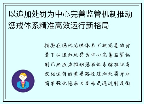 以追加处罚为中心完善监管机制推动惩戒体系精准高效运行新格局